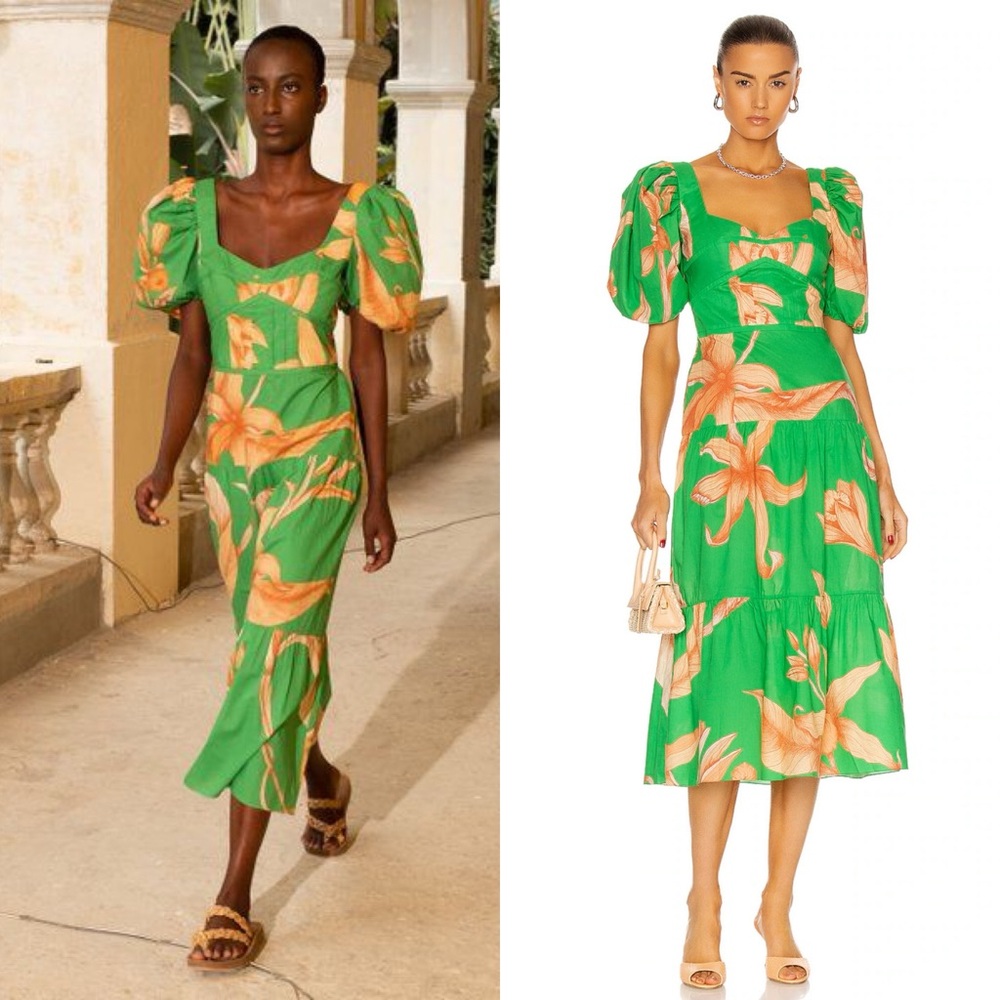 NEW NWT Johanna Ortiz Colorful Culture Midi Dress Emerald Green Floral Print